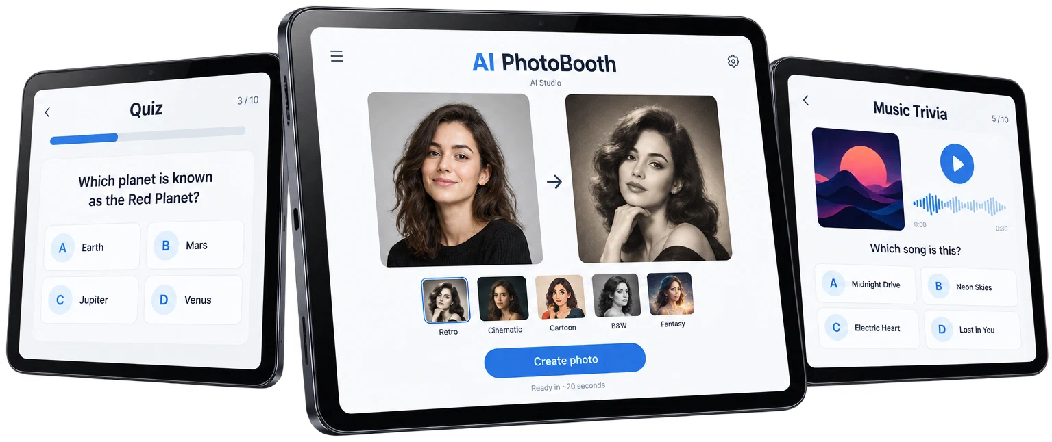 AI PhotoBooth için yapay zeka ile fotoğraf üretimi, quiz ve müzik yarışması modlarını gösteren temsili tablet görselleri